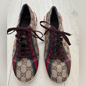 Gucci Monogram Sneakers with Red and Green Stripes